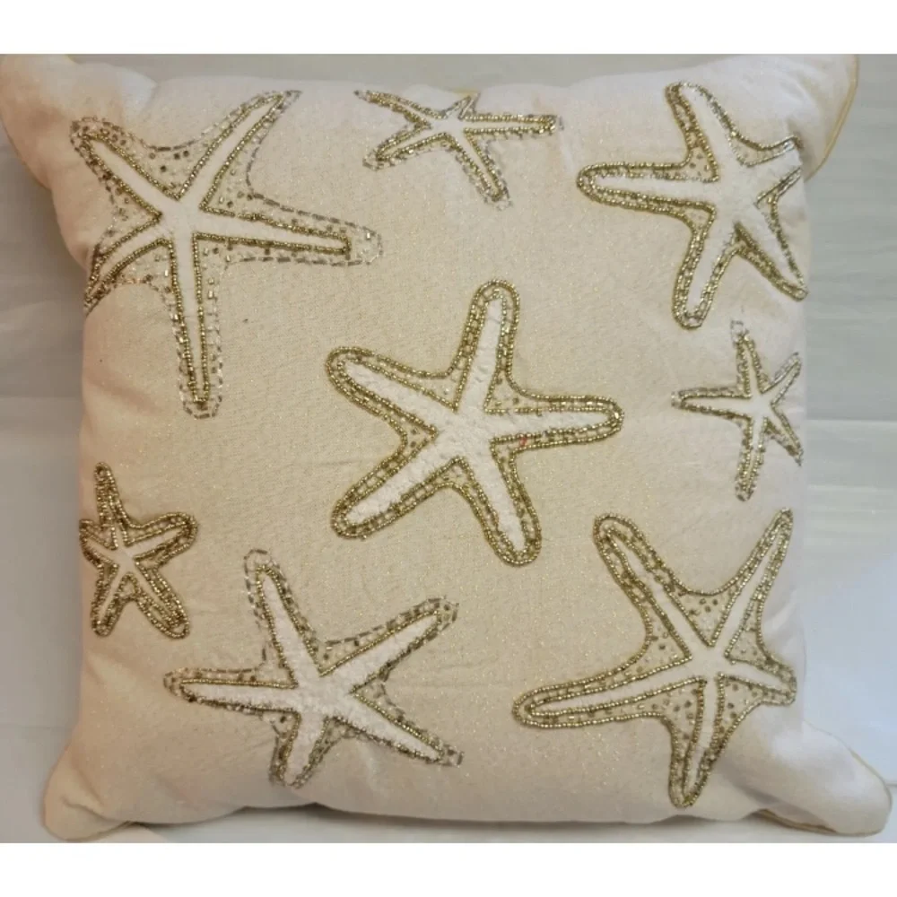 Bead Accent Toss Throw Pillow Starfish Sea Nautical Coastal Collection 18” Gold